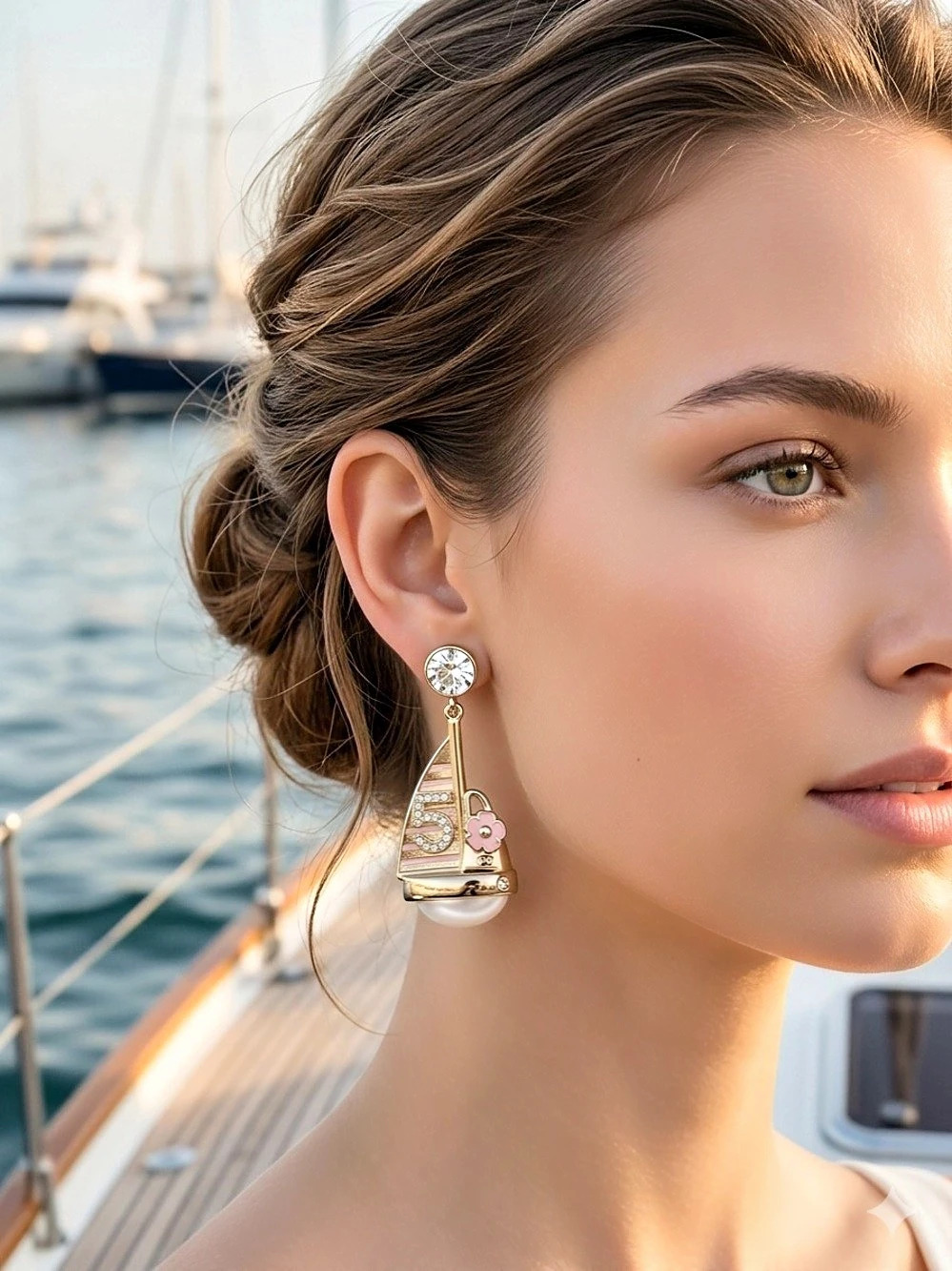 Sailboat Cruise Earrings Gold, Pink, Pearls and Crystals